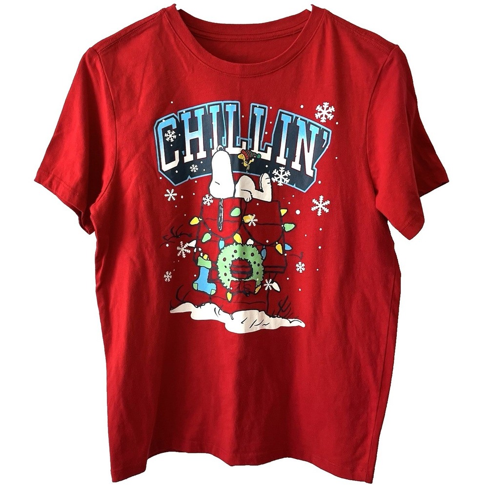 Peanuts T-Shirt Unisex Kids XXL (18) Red Snoopy Woodstock Chillin' Christmas Tee